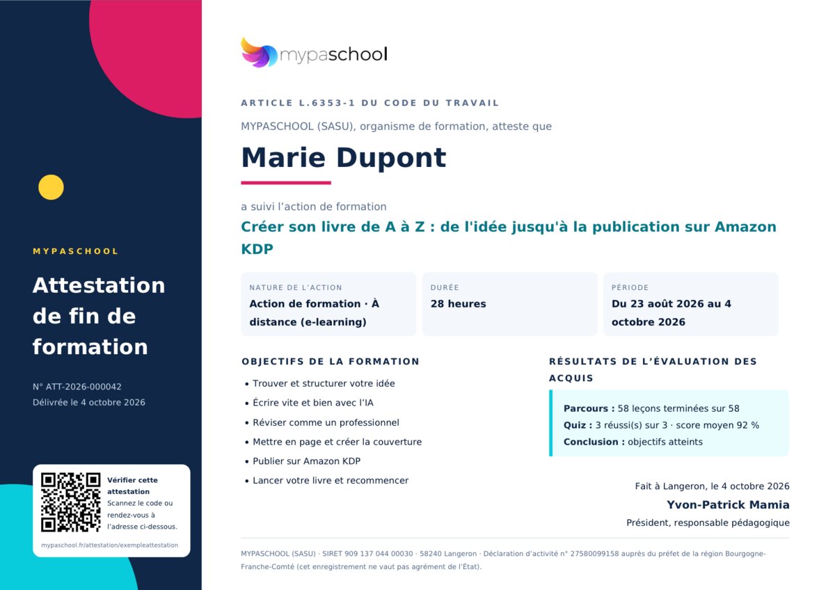 Exemple d’attestation de fin de formation MYPASCHOOL, avec code QR de vérification